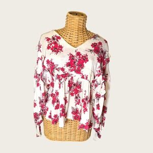 Floral‎ Ruffle Peplum Top Long Sleeve V Neck Blouse Bohemian Chic